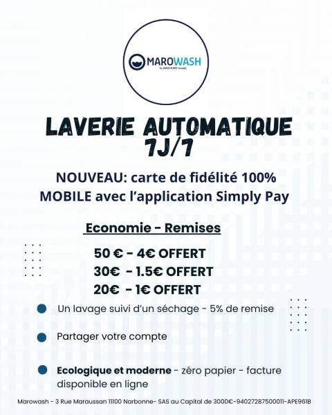Laverie automatique MAROWASH 7/7 - Nouveau : programme de fidélité 100% mobile - Proche de l'hôpital centre ville de Narbonne